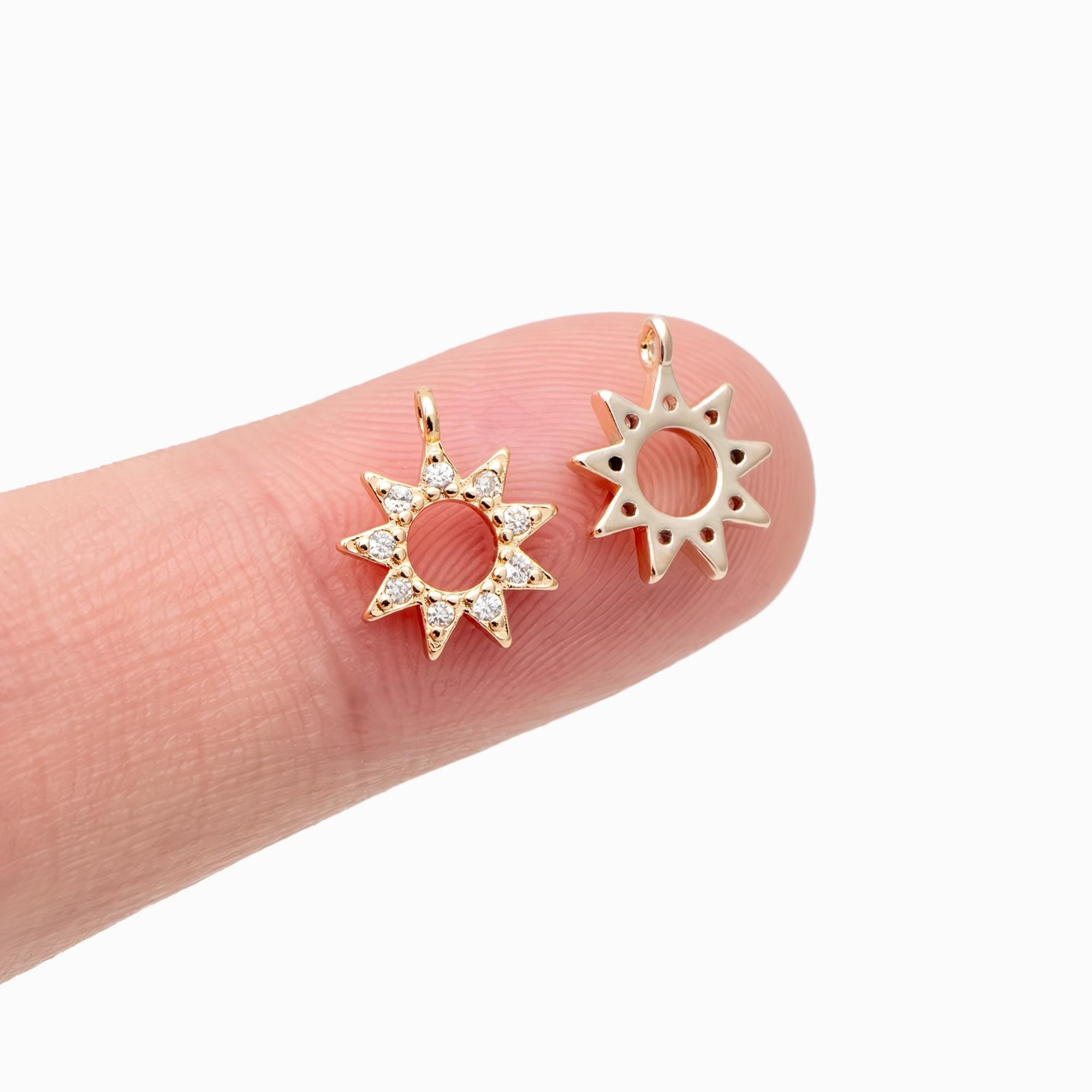 10pcs Gold CZ Star Charms 10x9mm, Real Gold plated Brass, Clear Rhinestone Sun Pendants (GB-1658-D)